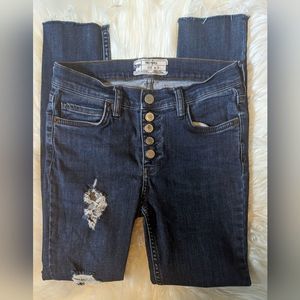 EUC Free People dark wash distressed low rise manufactured holes frayed hem